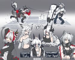 Rule 34 | 6+girls, ;d, animal ears, antennae, arknights, aurora (arknights), axe, bear ears, black jacket, blue eyes, cat ears, chaps, commentary, crop top, fox ears, frostleaf (arknights), grey eyes, grey hair, grey shirt, grey shorts, hair ornament, hairclip, heterochromia, highres, holding, holding axe, holding weapon, horns, jacket, lappland (arknights), long hair, long sleeves, mazz, midriff, mudrock (arknights), mudrock (elite ii) (arknights), multiple girls, navel, one eye closed, open clothes, open jacket, open mouth, pointy ears, red eyes, schwarz (arknights), shirt, short shorts, shorts, smile, snowball, snowman, star (symbol), stomach, strapless, throwing, tube top, very long hair, w (arknights), weapon, white jacket, wolf ears, yellow eyes