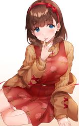 Rule 34 | 1girl, blue eyes, blush, bow, breasts, brown hair, brown jacket, brown sweater, bvucki36gzoeq1c, dress, earrings, floral print, hairband, heart, heart necklace, idolmaster, idolmaster cinderella girls, jacket, jewelry, long sleeves, looking at viewer, necklace, open clothes, open jacket, open mouth, parted lips, red dress, red ribbon, ribbed sweater, ribbon, sakuma mayu, short hair, simple background, sitting, smile, solo, sweater, thighs, turtleneck, white background