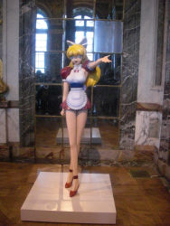 Rule 34 | 1990s (style), apron, armpits, bare legs, blonde hair, bow, bowtie, hair bow, happy, high heels, impossible clothes, long hair, microskirt, mirror, miss ko2, murakami takashi, no bra, outstretched arm, pedestal, photo (medium), puffy short sleeves, puffy sleeves, red footwear, reflection, retro artstyle, shoes, short sleeves, skirt, smile, standing, statue, waitress, waitress uniform