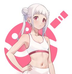 Rule 34 | 1girl, absurdres, arashi chisato, blunt bangs, breasts, closed mouth, collarbone, double bun, hair bun, hand on own hip, highres, long hair, looking at viewer, love live!, love live! superstar!!, midriff, navel, red eyes, small breasts, solo, sports bra, twintails, upper body, white hair, white sports bra, zbk nashi