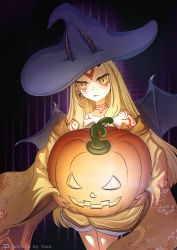 Rule 34 | 1girl, bare shoulders, blonde hair, claws, earrings, fate/grand order, fate (series), female focus, hat, highres, horns, ibaraki douji (fate), jack-o&#039;-lantern, japanese clothes, jewelry, kimono, long hair, monster girl, off shoulder, oni, oni horns, pointy ears, pumpkin, short kimono, solo, standing, tattoo, wide sleeves, wings, witch hat, yellow eyes, yellow kimono