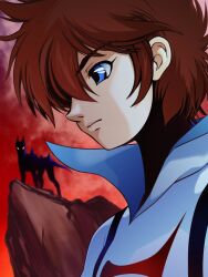 1970s_(style) 1boy blue_eyes bodysuit brown_hair casshern casshern_(series) casshern_sins cliff closed_mouth cloud expressionless friender hair_between_eyes long_bangs male_focus mitomo_akira non-humanoid_robot oldschool outdoors popped_collar red_sky retro_artstyle robot robot_animal shinzou_ningen_casshern short_hair sky solo upper_body white_bodysuit