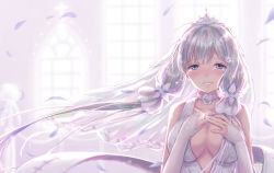 Rule 34 | 1girl, :d, azur lane, bad id, bad pixiv id, blue eyes, blurry, breasts, bridal veil, cleavage, collarbone, commentary request, depth of field, detached sleeves, dress, gohei (aoi yuugure), hands on own chest, highres, illustrious (azur lane), illustrious (morning star of love and hope) (azur lane), jewelry, large breasts, long hair, looking at viewer, low twintails, open mouth, petals, ring, smile, solo, sparkle, twintails, veil, wedding band, wedding dress, white hair, wind