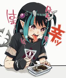Rule 34 | 1girl, black hair, black shirt, blue hair, blush, breasts, commentary request, crying, crying with eyes open, curry, demon girl, demon horns, demon tail, eating, eye hair ornament, eye of providence, fang, food, highres, horns, medium hair, multicolored hair, nanashi inc., official alternate costume, open mouth, pointy ears, red eyes, shirt, shishio chris, shishio chris (3rd costume), short sleeves, small breasts, solo, spicy, sugar lyric, sweat, table, tail, tears, tengu nimuru, tongue, tongue out, two-tone hair, upper body, virtual youtuber, white background