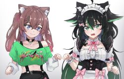 Rule 34 | 2girls, animal ear fluff, animal ears, bare shoulders, belt, black belt, black choker, black hair, blue eyes, brown hair, cat ears, character request, choker, clothes writing, commentary, copyright request, gradient background, green eyes, green shirt, grey background, hair between eyes, highres, multiple girls, off-shoulder shirt, off shoulder, shirt, short sleeves, suspenders, two side up, upper body, white background, wrist cuffs, zeranium (zeranium17)