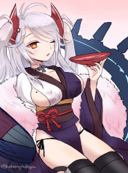 Rule 34 | 1girl, alcohol, antenna hair, azur lane, black panties, black thighhighs, breasts, brown eyes, covered erect nipples, cross, cup, gradient background, groin, headgear, holding, holding cup, iron cross, japanese clothes, kimono, large breasts, long sleeves, looking at viewer, mole, mole on breast, multicolored clothes, multicolored kimono, nanopai kakumeikokonoyu, obi, one eye closed, panties, parted lips, pink background, prinz eugen (azur lane), prinz eugen (profusion of flowers) (azur lane), purple kimono, sakazuki, sake, sash, side-tie panties, sideboob, silver hair, sitting, solo, swept bangs, thighhighs, twitter username, two side up, underwear, white kimono, wide sleeves