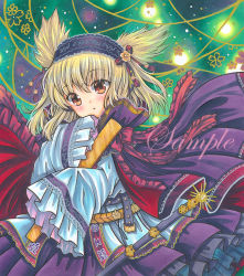 Rule 34 | 1girl, :o, belt, black belt, blonde hair, breasts, brown eyes, cape, cowboy shot, earmuffs, floral background, flower, frilled skirt, frilled sleeves, frills, green background, hair between eyes, hair flower, hair ornament, hair ribbon, holding, long sleeves, looking at viewer, marker (medium), medium breasts, open mouth, pointy hair, print shirt, purple cape, purple skirt, red ribbon, ribbon, ritual baton, rui (sugar3), sample watermark, sheath, shirt, skirt, sleeves past fingers, sleeves past wrists, solo, tassel, touhou, toyosatomimi no miko, traditional media, watermark, white shirt, wide sleeves