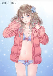 Rule 34 | 1girl, blue bra, blue eyes, blue panties, blunt bangs, blush, bow, bow bra, bow panties, bra, brown hair, buttons, coat, collarbone, copyright request, cowboy shot, flat chest, flower, frilled panties, frills, fur collar, fur trim, gradient background, hair flower, hair ornament, head tilt, highres, kishida mel, lace, lace-trimmed bra, lace trim, light smile, lingerie, long hair, long sleeves, looking at viewer, lowleg, lowleg panties, navel, open clothes, open coat, panties, parted lips, pink coat, pink ribbon, red bow, ribbon, scan, sleeves past wrists, snowing, solo, standing, stomach, unbuttoned, underwear, wavy hair, winter clothes, winter coat