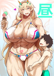 Rule 34 | 1boy, 1girl, abs, age difference, aqua eyes, armpit hair, barghest (fate), barghest (swimsuit archer) (fate), bikini, blonde hair, blush, breasts, cameltoe, command spell, covered clitoris, covered erect nipples, cowboy shot, faceless, faceless male, fat mons, fate/grand order, fate (series), female pubic hair, food, fujimaru ritsuka (male), gradient eyes, hand on another&#039;s back, heart, heart tattoo, heterochromia, highres, huge breasts, ice cream, ice cream cone, long hair, looking at another, looking down, looking up, male swimwear, micro bikini, mole, mole on breast, multicolored bikini, multicolored clothes, multicolored eyes, muscular, muscular female, neapolitan ice cream, pink eyes, pubic hair, pubic hair peek, pubic tattoo, short hair, sidelocks, sketch, smile, sweat, swim trunks, swimsuit, tanishi (tani4), tattoo, thick thighs, thighs, two-tone eyes, very long hair, yellow eyes