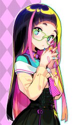 Rule 34 | 1girl, aqua bodysuit, bandaid, bandaid on hand, black hair, black skirt, blue eyes, blunt bangs, bodysuit, checkered clothes, checkered neckwear, collar, glasses, green-framed eyewear, heart, jewelry, long hair, long sleeves, looking at viewer, multicolored hair, multicolored nails, nail polish, onono imoko, original, pink collar, pink hair, pink neckwear, ring, sailor collar, simple background, skirt, solo, suspender skirt, suspenders, upper body