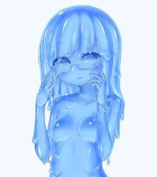 Rule 34 | blue eyes, blue hair, blue skin, breasts, colored skin, curss, glasses, highres, monster girl, no nipples, slime girl, small breasts