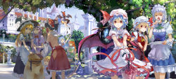 Rule 34 | &gt; &lt;, 6+girls, 77gl, :&lt;, :d, :q, > <, apron, arm grab, back, bare back, basket, bat wings, black hair, blonde hair, blood, blue eyes, blue hair, bow, bowtie, braid, breasts, castle, cirno, closed umbrella, crossed arms, daiyousei, day, detached sleeves, embodiment of scarlet devil, everyone, closed eyes, fairy wings, flandre scarlet, food, fountain, fruit, glowing, grapes, hair bow, hakurei reimu, hat, head wings, highres, holding another&#039;s arm, hong meiling, izayoi sakuya, japanese clothes, kirisame marisa, knife, koakuma, lamppost, long hair, long image, maid, maid apron, maid headdress, medium breasts, miko, multiple girls, nosebleed, open mouth, outdoors, panties, parasol, patchouli knowledge, pointy ears, ponytail, purple hair, red eyes, red hair, remilia scarlet, ribbon, rumia, sack, scarlet devil mansion, shade, short hair, side braid, side ponytail, sideboob, silver hair, sitting, sleeping, smile, standing, sweatdrop, tongue, tongue out, touhou, tree shade, umbrella, underwear, waist apron, white panties, wide image, wings, wrist cuffs, xd