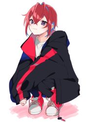 Rule 34 | 1boy, alternate costume, antenna hair, bad id, bad twitter id, crossed bangs, eamek3, hair between eyes, highres, jacket, long sleeves, looking at viewer, male focus, oversized clothes, purple eyes, red hair, riddle rosehearts, shirt, shoes, short hair, simple background, smile, sneakers, solo, twisted wonderland, white background
