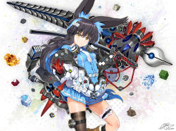 Rule 34 | 1girl, animal ears, artist name, asymmetrical legwear, belt, black hair, black legwear, blue dress, blue hair, boots, bridal garter, brown footwear, char, closed mouth, coat, cowboy shot, dated, dress, frown, gloves, hair ornament, highres, holding, holding sword, holding weapon, huge weapon, katana, leg up, long hair, long sleeves, looking at viewer, mechanical arms, multicolored hair, necro-san, off shoulder, original, partially unzipped, pleated dress, red gloves, rigging, scabbard, sheath, short dress, signature, single horizontal stripe, single mechanical arm, skindentation, socks, solo, standing, standing on one leg, sword, thigh strap, two-tone hair, uneven legwear, weapon, white belt, white coat, yellow eyes