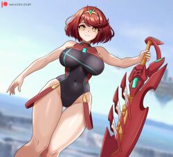 Rule 34 | aegis sword (xenoblade), breasts, hayato stuff, highres, large breasts, pyra (pro swimmer) (xenoblade), pyra (xenoblade), red eyes, red hair, short hair, sword, weapon, xenoblade chronicles (series), xenoblade chronicles 2