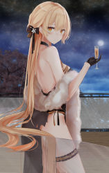 Rule 34 | 1girl, absurdres, bare shoulders, black dress, black gloves, blonde hair, blush, braid, breasts, champagne flute, china dress, chinese clothes, closed mouth, cup, dress, drinking glass, full moon, girls&#039; frontline, gloves, highres, holding, holding cup, long hair, looking at viewer, moon, night, night sky, official alternate costume, ots-14 (girls&#039; frontline), ots-14 (sangria succulent) (girls&#039; frontline), outdoors, ru zhai, sky, solo, star (sky), starry sky, torn clothes, very long hair, yellow eyes
