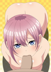 Rule 34 | 1boy, 1girl, atelier gons, censored, fellatio, go-toubun no hanayome, hetero, highres, looking at viewer, mosaic censoring, nakano ichika, nude, oral, penis, pov, pov crotch, solo focus, textless version, topless