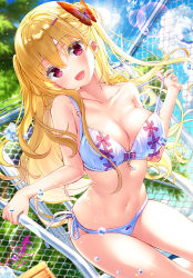 Rule 34 | 1girl, :d, bare shoulders, blonde hair, blue sky, blush, bra, braid, breasts, butterfly hair ornament, cleavage, cloud, collarbone, commentary request, cowboy shot, day, dutch angle, fence, french braid, fujima takuya, hair between eyes, hair ornament, hairclip, head tilt, large breasts, lens flare, long hair, looking at viewer, midriff, navel, open mouth, original, outdoors, panties, pool ladder, railing, red eyes, side-tie panties, sidelocks, signature, sky, smile, solo, standing, strap pull, swimsuit, tree, twintails, underwear, water drop, white bra, white panties