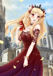 Rule 34 | 1girl, absurdres, alternate costume, artist name, bare shoulders, black headwear, blonde hair, blush, box, bracelet, breasts, castle, choker, commentary, day, dress, earrings, embarrassed, english commentary, ereshkigal (fate), fate/grand order, fate (series), female focus, gift, gift box, hair ribbon, hand up, highres, holding, holding gift, infinity symbol, jewelry, lace, lace-trimmed dress, lace trim, long dress, long hair, looking at viewer, medium breasts, neck, off-shoulder dress, off shoulder, open mouth, outdoors, parted bangs, petals, pixiv fate/grand order contest 1, red choker, red dress, red eyes, red ribbon, ribbon, ryuuneart, solo, standing, tiara, two side up, valentine, wavy mouth, wind, wind lift