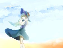 Rule 34 | 1girl, dress, green eyes, green hair, hands on headwear, hat, highres, komeiji koishi, long hair, looking at viewer, matching hair/eyes, minato710, seaminato, simple background, sky, smile, solo, standing, sun hat, touhou, wind