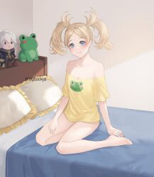 Rule 34 | 1girl, absurdres, animal print, artist name, bare shoulders, barefoot, bed, blonde hair, blue eyes, breasts, character doll, cleavage, closed mouth, collarbone, commission, fire emblem, fire emblem awakening, frog print, highres, indoors, lissa (fire emblem), long hair, looking at viewer, medium breasts, moja (rainpoow), nintendo, off-shoulder shirt, off shoulder, parted bangs, pillow, robin (fire emblem), robin (male) (fire emblem), shirt, sitting, small breasts, solo, stuffed animal, stuffed toy, twintails, yellow shirt, yokozuwari