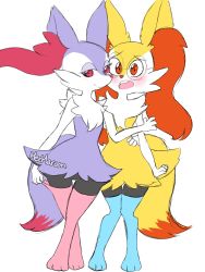 Rule 34 | 2girls, alternate color, animal ear fluff, animal ears, arm around waist, bespectacled, blue legwear, blush, braixen, closed mouth, clothed pokemon, creatures (company), embarrassed, female focus, fox ears, fox tail, full body, furry, furry female, game freak, gen 6 pokemon, glasses, half-closed eyes, hand up, happy, highres, jpeg artifacts, knees together feet apart, crossed legs, light blush, looking at viewer, mezmaroon, multiple girls, nintendo, open mouth, pink legwear, pokemon, pokemon (creature), purple eyes, red eyes, shiny pokemon, simple background, smile, standing, tail, teeth, thigh gap, thighhighs, white background