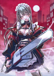 Rule 34 | 1girl, black dress, black jacket, black thighhighs, breasts, brown hair, building, candy, chainsaw, cleavage, dress, earclip, food, hair ornament, highres, holding, holding chainsaw, holding weapon, jacket, large breasts, lollipop, maid, mouth hold, night, off shoulder, open clothes, open jacket, original, outdoors, power tool, red sky, single thighhigh, sky, skyscraper, solo, suzaku (zaku6584), thighhighs, weapon, x hair ornament, yellow eyes