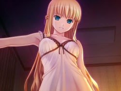 Rule 34 | 1girl, 400, amishiro anna, blonde hair, blue eyes, breasts, game cg, kanojo to kanojo to watashi no nameka, kanojo to kanojo to watashi no nananichi, lingerie, long hair, looking at viewer, negligee, nipples, see-through, solo, underwear, upper body