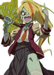Rule 34 | 10s, aono3, bandages, baseball bat, blonde hair, hair over one eye, highres, jacket, letterman jacket, long hair, looking at viewer, middle finger, multicolored hair, necktie, nikaidou saki, open mouth, over shoulder, pleated skirt, ponytail, red eyes, scar, scar on face, shouting, skirt, solo, streaked hair, underbust, weapon, weapon over shoulder, zombie, zombie land saga