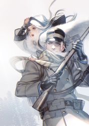 Rule 34 | 1boy, 1girl, ainu, ainu clothes, arisaka, asirpa, bandana, black eyes, black hair, blue bandana, blue eyes, blue jacket, bolt action, bow (weapon), buttons, cape, collared jacket, earrings, facial scar, fog, fur cape, golden kamuy, gun, hat, highres, hoop earrings, imperial japanese army, jacket, jewelry, kepi, long hair, long sleeves, military, military hat, military uniform, rifle, scar, scar on cheek, scar on face, scar on nose, scarf, short hair, simple background, smile, snowing, spiked hair, sugimoto saichi, uniform, upper body, w55674570w, weapon, white cape, wind, yellow scarf
