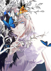 Rule 34 | 1boy, black hair, blue eyes, branch, bug, butterfly, cloak, closed mouth, crown, diamond hairband, fate/grand order, fate (series), fur-trimmed cloak, fur trim, gradient hair, grey hair, highres, insect, multicolored hair, oberon (fate), oberon (third ascension) (fate), poppoman, shirt, short hair, spoilers, upper body, white background, white shirt