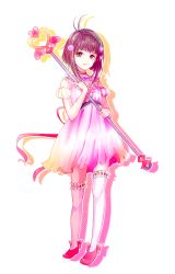 Rule 34 | 1girl, ahoge, brown eyes, brown hair, choker, dress, frills, full body, gem, hair ornament, hairpin, heart, mary janes, pink skirt, reala (tales), shadow, shoes, short hair, skirt, smile, solo, sparkle, tales of (series), tales of destiny 2, thighhighs, torao (torakmn), wand, white background, white thighhighs
