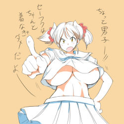 Rule 34 | 1girl, angry, breasts, cow girl, hand on own hip, hataraki ari, horns, huge breasts, index finger raised, looking at viewer, no bra, open mouth, original, short hair, short twintails, simple background, solo, standing, sukimi, translation request, twintails, underboob, yellow eyes