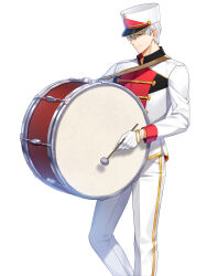 Rule 34 | 1boy, band uniform, bass drum, buttons, closed mouth, closers, collared jacket, double-breasted, drumsticks, feet out of frame, gloves, grey eyes, hat, high collar, highres, holding, holding drumsticks, j (closers), jacket, long sleeves, looking at viewer, male focus, marching band, official art, pants, shako cap, short hair, single vertical stripe, smile, solo, standing, uniform, white background, white gloves, white hair, white headwear, white jacket, white pants