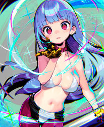 Rule 34 | 1girl, bikini, blue hair, blunt bangs, blush, chaps, cropped jacket, cryokinesis, gloves, kula diamond, long hair, looking at viewer, onono imoko, open mouth, partially undressed, pink eyes, smile, solo, standing, swimsuit, the king of fighters, white bikini, zipper