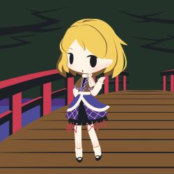 Rule 34 | 1girl, arm warmers, black eyes, black footwear, blonde hair, bridge, chibi, cobalta, full body, looking at viewer, mizuhashi parsee, multicolored clothes, open mouth, outdoors, pointy ears, scarf, short hair, short sleeves, solid oval eyes, solo, standing, touhou, water, white legwear, white scarf
