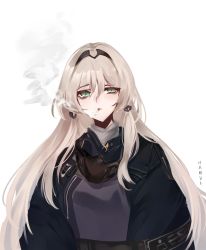 Rule 34 | 1girl, absurdres, an-94 (girls&#039; frontline), artist name, black mask (clothing), cigarette, collar, girls&#039; frontline, green eyes, hair between eyes, hair ornament, hairband, hamul, highres, jacket, long hair, long sleeves, mask, unworn mask, mouth mask, silver hair, simple background, smoking, solo, upper body, very long hair, white background