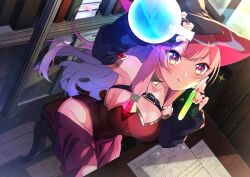 Rule 34 | 1girl, blush, book, breasts, desk, girusyu1945, hat, large breasts, leotard, long hair, looking at viewer, original, paper, pink hair, red leotard, red skirt, skirt, solo, wings, witch hat