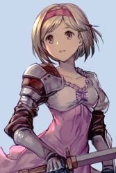 Rule 34 | 1girl, armor, blonde hair, breasts, brown eyes, collarbone, djeeta (granblue fantasy), fighter (granblue fantasy), granblue fantasy, hairband, headband, holding, holding sword, holding weapon, hungry clicker, looking at viewer, open mouth, red headband, short hair, simple background, small breasts, solo, sword, weapon