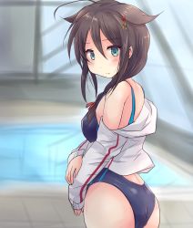 Rule 34 | 1girl, ahoge, ass, blurry, blurry background, blush, braid, breasts, brown hair, commentary request, competition swimsuit, green eyes, hair between eyes, hair flaps, hair ornament, highres, hirune (konekonelkk), jacket, kantai collection, looking at viewer, looking to the side, medium breasts, one-piece swimsuit, open clothes, open jacket, pool, shigure (kancolle), shigure kai ni (kancolle), sidelocks, single braid, smile, solo, swimsuit