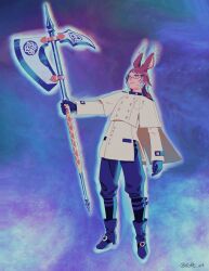 Rule 34 | 1boy, animal ears, axe, black gloves, boots, capelet, commentary, english commentary, final fantasy, final fantasy xiv, full body, glasses, gloves, highres, holding, holding axe, koffo-art, long hair, male focus, rabbit ears, red eyes, red hair, solo, twitter username, viera, warrior of light (ff14)