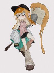 Rule 34 | 1girl, :p, absurdres, baseball cap, black hat, commentary, english commentary, full body, hat, highres, holding, holding weapon, inkling, inkling girl, inkling player character, leg warmers, long hair, looking to the side, nintendo, orange hair, painbrush (splatoon), pointy ears, procreate (medium), simple background, solo, spl yura, splatoon (series), splatoon 3, standing, standing on one leg, tentacle hair, tongue, tongue out, weapon, white background, yellow eyes