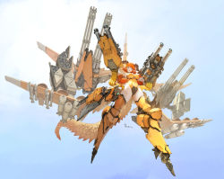 Rule 34 | 1girl, arm cannon, breasts, covered navel, dragon tail, flying, from below, gatling gun, horns, large breasts, leotard, long hair, long pointy ears, mecha musume, mechanical legs, mechanical wings, missile, missile pod, open mouth, orange hair, original, pointy ears, science fiction, smile, solo, tail, takayama toshiaki, weapon, wings, yellow leotard