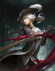 Rule 34 | 1girl, absurdres, ascot, blonde hair, blood, bloodborne, blue eyes, gloves, hat, highres, huang jing, lady maria of the astral clocktower, long hair, one eye closed, ponytail, rakuyo (bloodborne), smile, solo, sword, the old hunters, tricorne, weapon