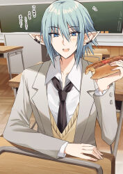Rule 34 | 1boy, :d, black necktie, blazer, blue eyes, blue hair, blush, bread, chair, collared shirt, desk, ear piercing, final fantasy, final fantasy xiv, food, grey jacket, hair between eyes, hand up, haurchefant greystone, highres, holding, holding food, indoors, jacket, kinona, long sleeves, looking at viewer, male focus, necktie, notice lines, open clothes, open jacket, open mouth, piercing, pointy ears, school chair, school desk, school uniform, shirt, smile, solo, sweater vest, translation request, upper body, white shirt, yakisoba, yakisobapan