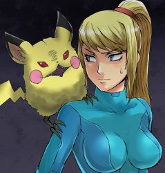 Rule 34 | 1girl, 1other, angry, animal, animal on shoulder, bad id, bad pixiv id, blonde hair, blue eyes, bodysuit, breasts, closed mouth, cosplay, creature, creature on shoulder, creatures (company), crossover, fusion, game freak, gen 1 pokemon, little birdy, long hair, looking at another, looking back, medium breasts, metroid, metroid: other m, neck, nintendo, on shoulder, parody, pikachu, pokemon, ponytail, red eyes, ridley, samus aran, skin tight, super smash bros., sweatdrop, tail, teeth, turizao, upper body, zero suit