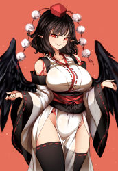 Rule 34 | 1girl, absurdres, alternate costume, black hair, black thighhighs, black wings, breasts, closed mouth, covered navel, cowboy shot, detached sleeves, eyelashes, feathered wings, hat, highres, japanese clothes, kourindou tengu costume, large breasts, long sleeves, looking at viewer, medium hair, naughty face, obi, orange background, pelvic curtain, pointy ears, pom pom (clothes), raptor7, red eyes, red hat, ribbon-trimmed legwear, ribbon-trimmed sleeves, ribbon trim, sash, shameimaru aya, simple background, smile, solo, thighhighs, tokin hat, touhou, wide sleeves, wings