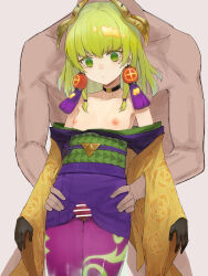 Rule 34 | 1boy, 1other, ambiguous gender, bar censor, black collar, breasts, censored, closed mouth, clothed female nude male, collar, collarbone, duel monster, feet out of frame, green eyes, green hair, grinding, hand on another&#039;s hip, head out of frame, highres, japanese clothes, kimono, medium hair, noh-p.u.n.k. ze amin, nude, open clothes, pantyhose, penis, purple pantyhose, small breasts, standing, thigh sex, toima (beat0829), upper body, very long sleeves, yu-gi-oh!