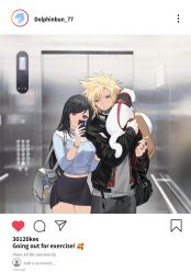 Rule 34 | 1boy, 1girl, animal, arm grab, bag, bare shoulders, black hair, black jacket, black skirt, blonde hair, blue eyes, blue sweater, bracelet, breasts, casual, cat, closed mouth, cloud strife, couple, cowboy shot, crop top, cropped sweater, duoj ji, earrings, elevator, english text, fake screenshot, final fantasy, final fantasy vii, final fantasy vii remake, height difference, highres, holding, holding animal, holding phone, indoors, instagram, jacket, jewelry, large breasts, long hair, maru (ff7), midriff peek, navel, off shoulder, phone, red eyes, ring, shoulder bag, skirt, smile, spiked hair, square enix, sweater, swept bangs, taking picture, tifa lockhart, white cat