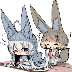 Rule 34 | 2girls, :&lt;, :d, ^ ^, absurdly long hair, ahoge, animal ear fluff, animal ears, barefoot, chibi, closed eyes, comb, commentary request, eighth note, fox ears, fox girl, fox tail, grey hair, highres, holding, jacket, japanese clothes, kimono, light brown hair, long hair, long sleeves, multiple girls, musical note, no shoes, obi, one eye closed, open mouth, original, pantyhose, parted lips, pink jacket, pleated skirt, red eyes, sash, simple background, sitting, skirt, smile, swept bangs, tail, triangle mouth, very long hair, white background, white kimono, white pantyhose, white skirt, wide sleeves, yuuji (yukimimi)